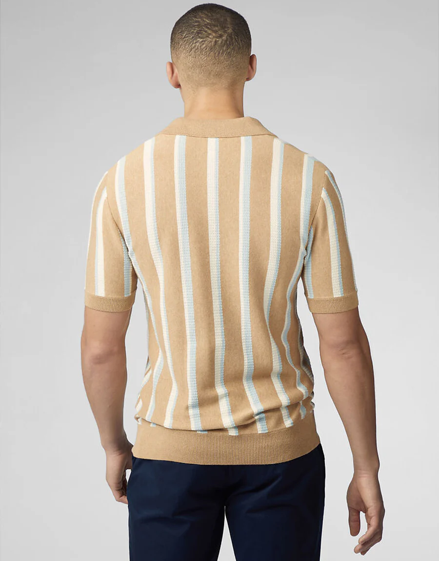 Ben Sherman Vertical Stripe Open Neck Stone Polo - Image 3