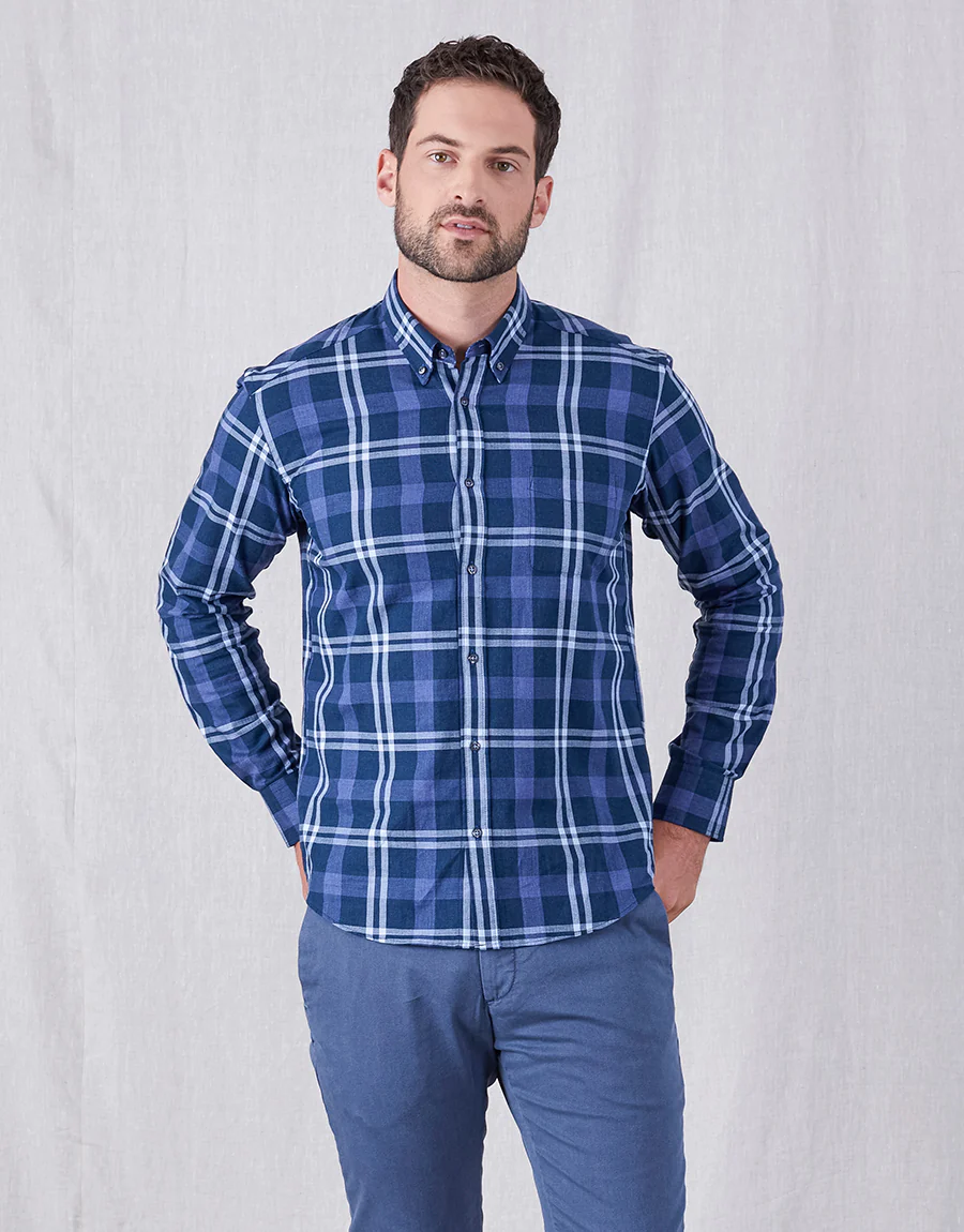 Ohope Navy & Teal Check Flannel Shirt - Image 3