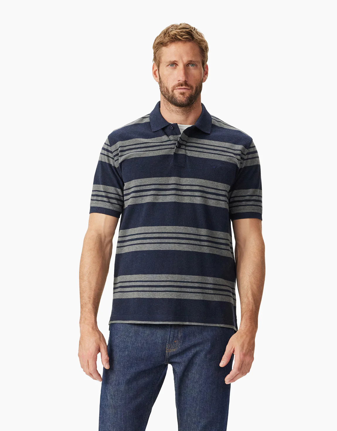 R.M.Williams Rod Navy and Grey Stripe Pique Polo - Image 2