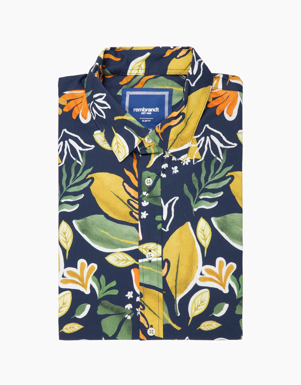 Waihi Navy Large Painted Leaf Print Short Sleeve Shirt - Image 4