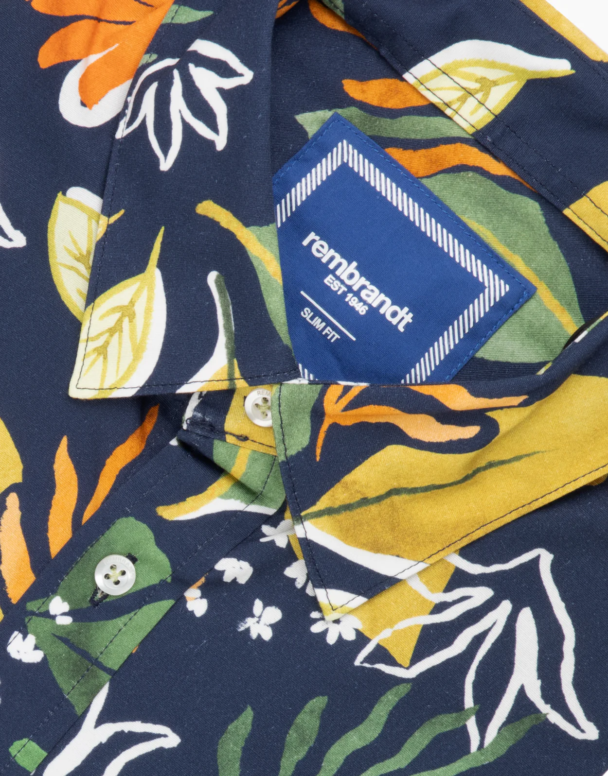 Waihi Navy Large Painted Leaf Print Short Sleeve Shirt - Image 5